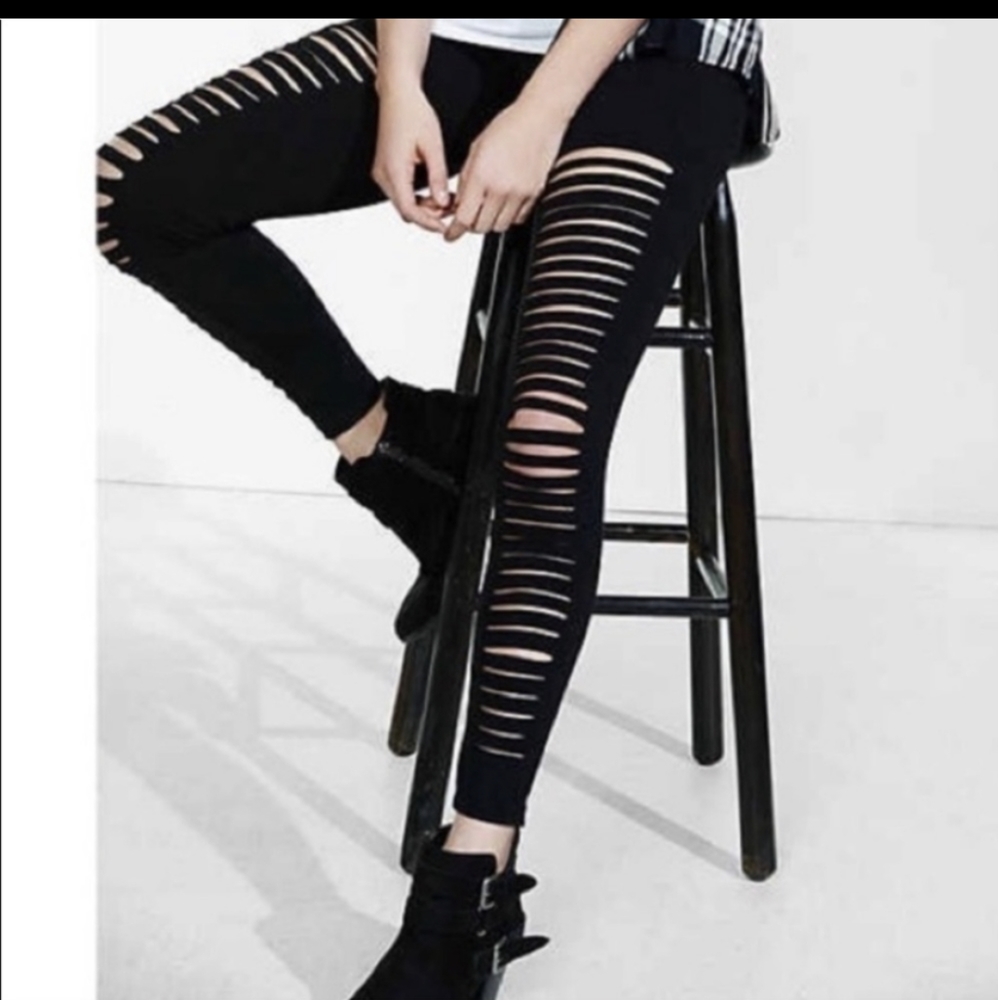Slashed front black leggings